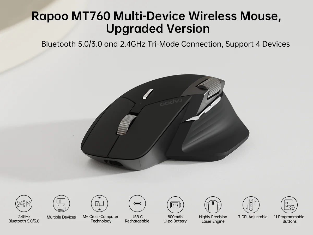 Rapoo MT760L/MT760M Multi-Mode Wireless Mouse – Ergonomic Rechargeable Bluetooth Mouse 4000DPI, Supports 4 Devices