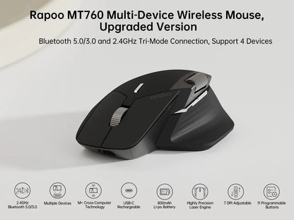Rapoo MT760L/MT760M Multi-Mode Wireless Mouse – Ergonomic Rechargeable Bluetooth Mouse 4000DPI, Supports 4 Devices