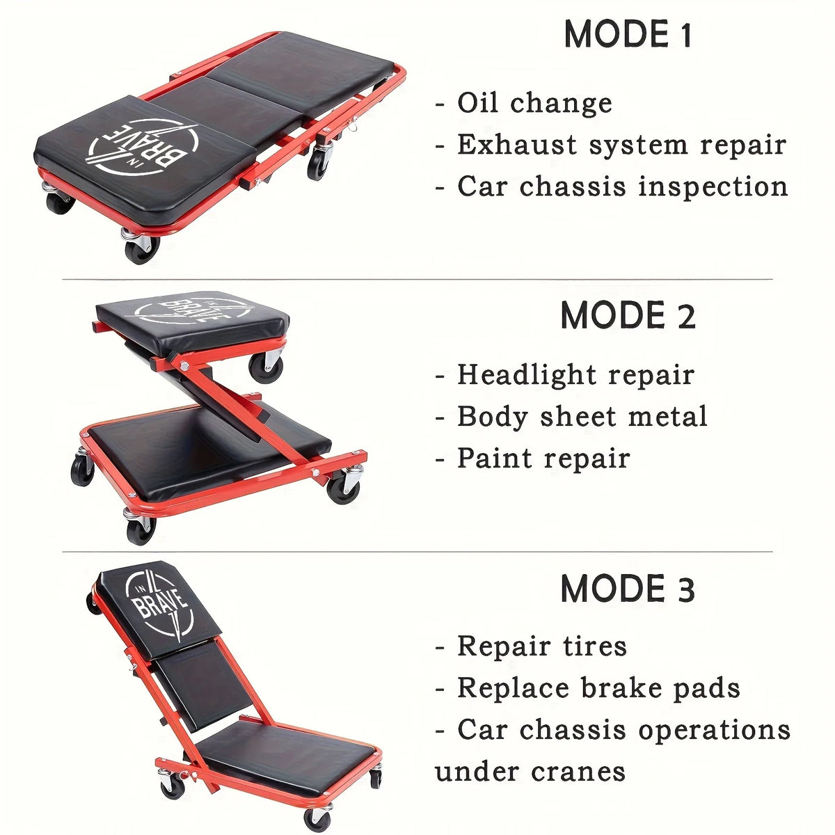 3-in-1 Rolling Auto Repair Creeper Seat - Foldable Adjustable Garage Tool Tray, 300 lb Capacity