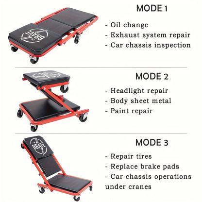 3-in-1 Rolling Auto Repair Creeper Seat - Foldable Adjustable Garage Tool Tray, 300 lb Capacity
