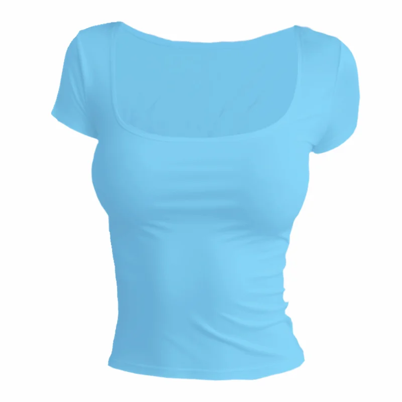 Women’s Short Sleeve Summer T-Shirt – Slim Fit Solid Color Square Neck Elastic Y2K Streetwear Fashion Tee Top QX33