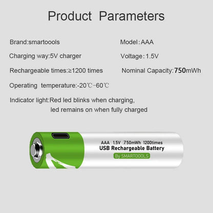 High-Capacity 1.5V AAA 750 mWh USB Rechargeable Li-Ion Battery - Cable, Ideal for Remote Controls and Wireless Mice