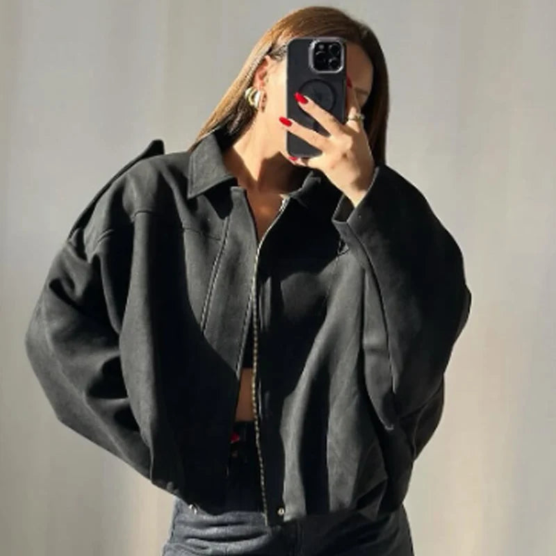 HXAO Women's Oversized Suede Cropped Bomber Jacket – Casual Batwing Sleeve Streetwear Coat