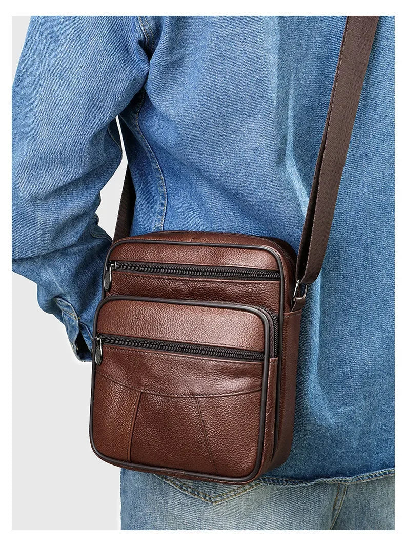 Men’s Genuine Leather Crossbody Bag – Small Outdoor Casual Bag for Motorcycle and Daily Use