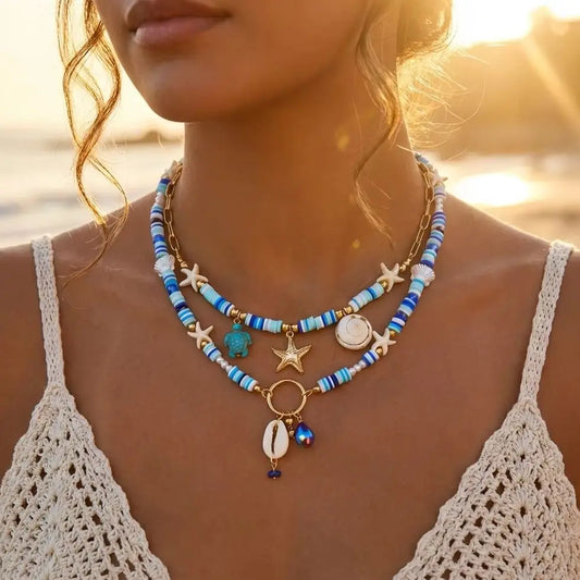 Bohemian Shell Layered Necklace - Vintage Starfish & Turtle Blue Beaded Beach Jewelry for Women