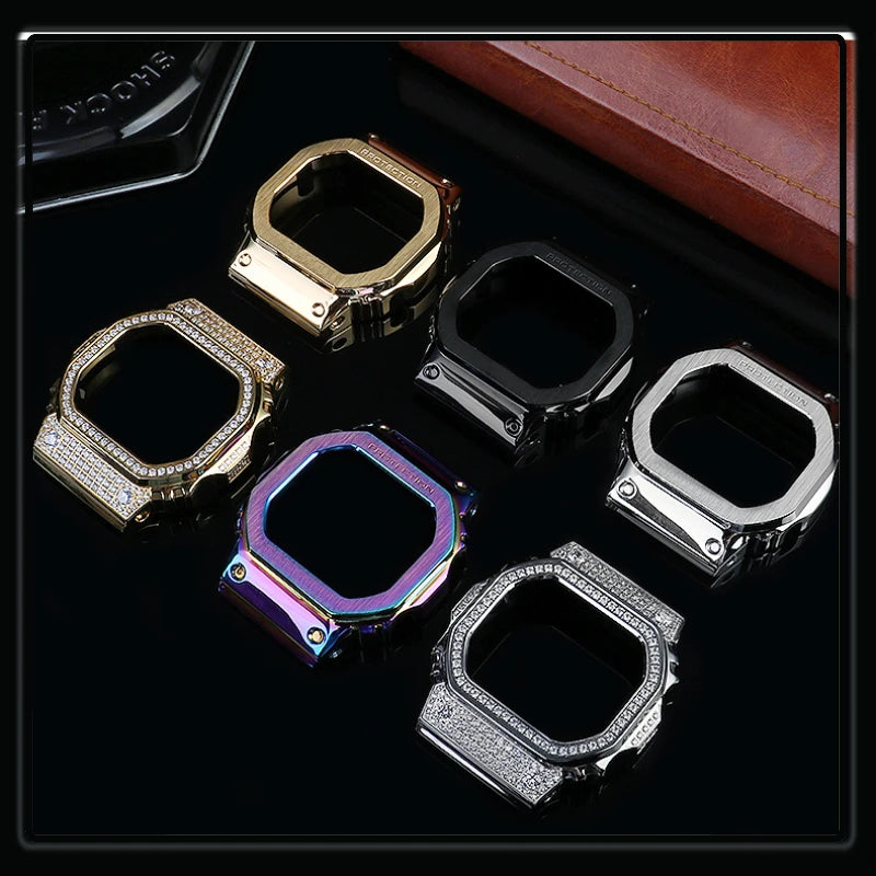 Gold and Black Stainless Steel Bezel and Strap Set for Casio G-Shock DW-5600, GW-B5600 & GW-M5610 - Metal Watch Case Modification Kit