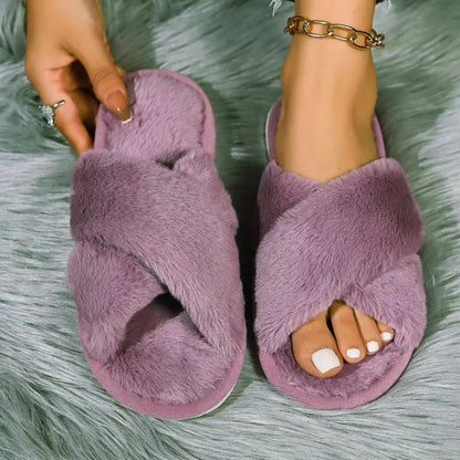 Popular Cross Furry Slippers for Women – Fluffy EVA Slides, Soft Flat Shoes for Autumn & Winter Outdoor Fashion