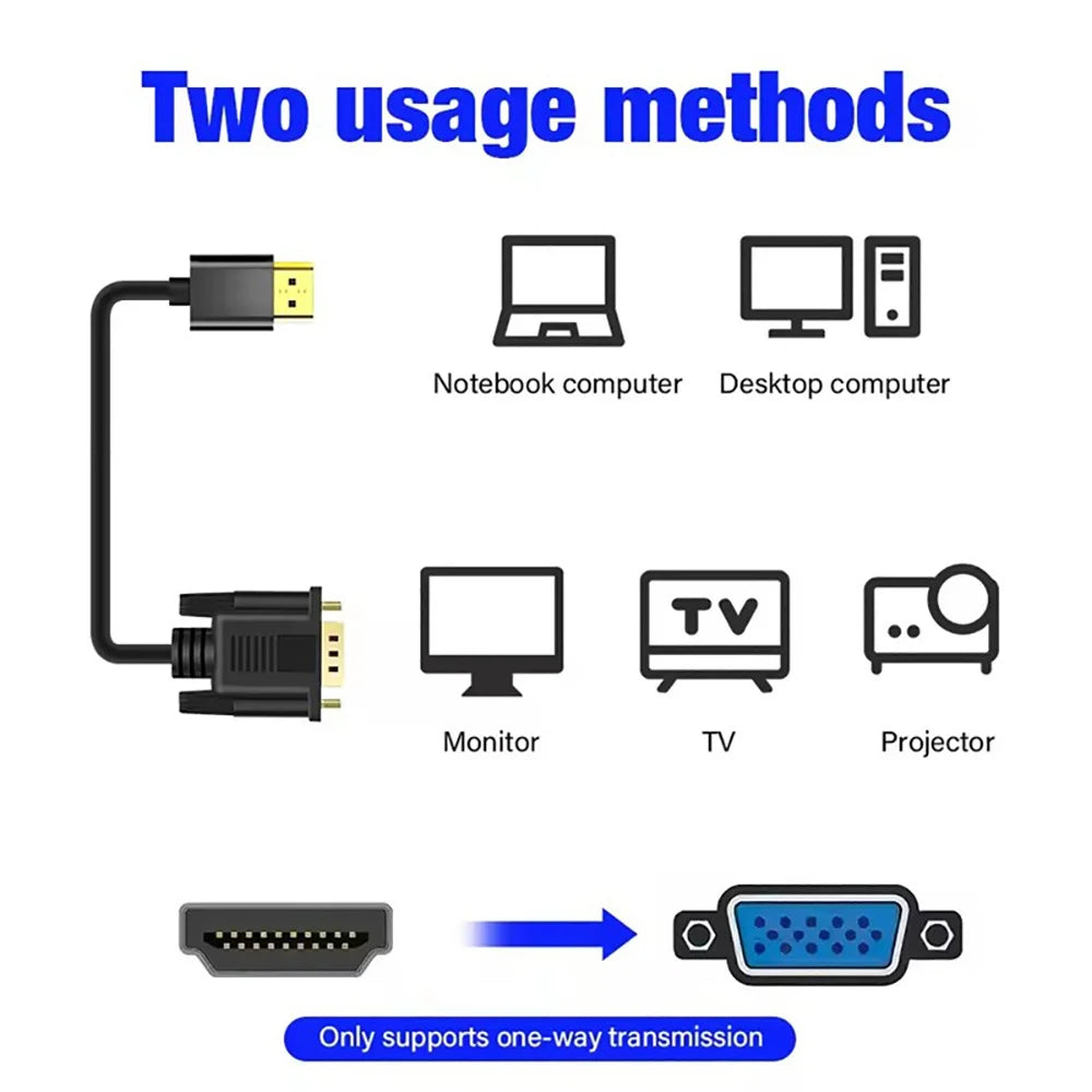 1.8M HDMI to VGA Adapter Cable - 1080P 60Hz Full HD Video Converter Cord for Laptop PC Monitor Projector