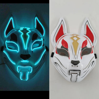 Glowing LED Fox Mask – Neon Japanese Anime-Inspired Samurai Cosplay Mask for Halloween, Christmas & Costume Parties