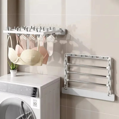 Wall-Mounted Folding Drying Rack with Windproof Sock Clips – Space-Saving Clothing Hanger for Household Laundry