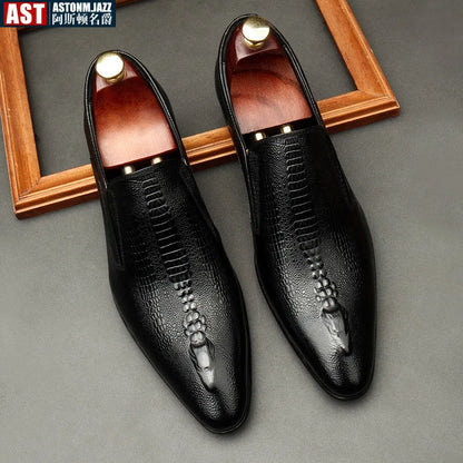 Men’s Genuine Leather Oxford Shoes - Handmade Crocodile Pattern Formal Wedding Business Dress Shoes in Black or Blue
