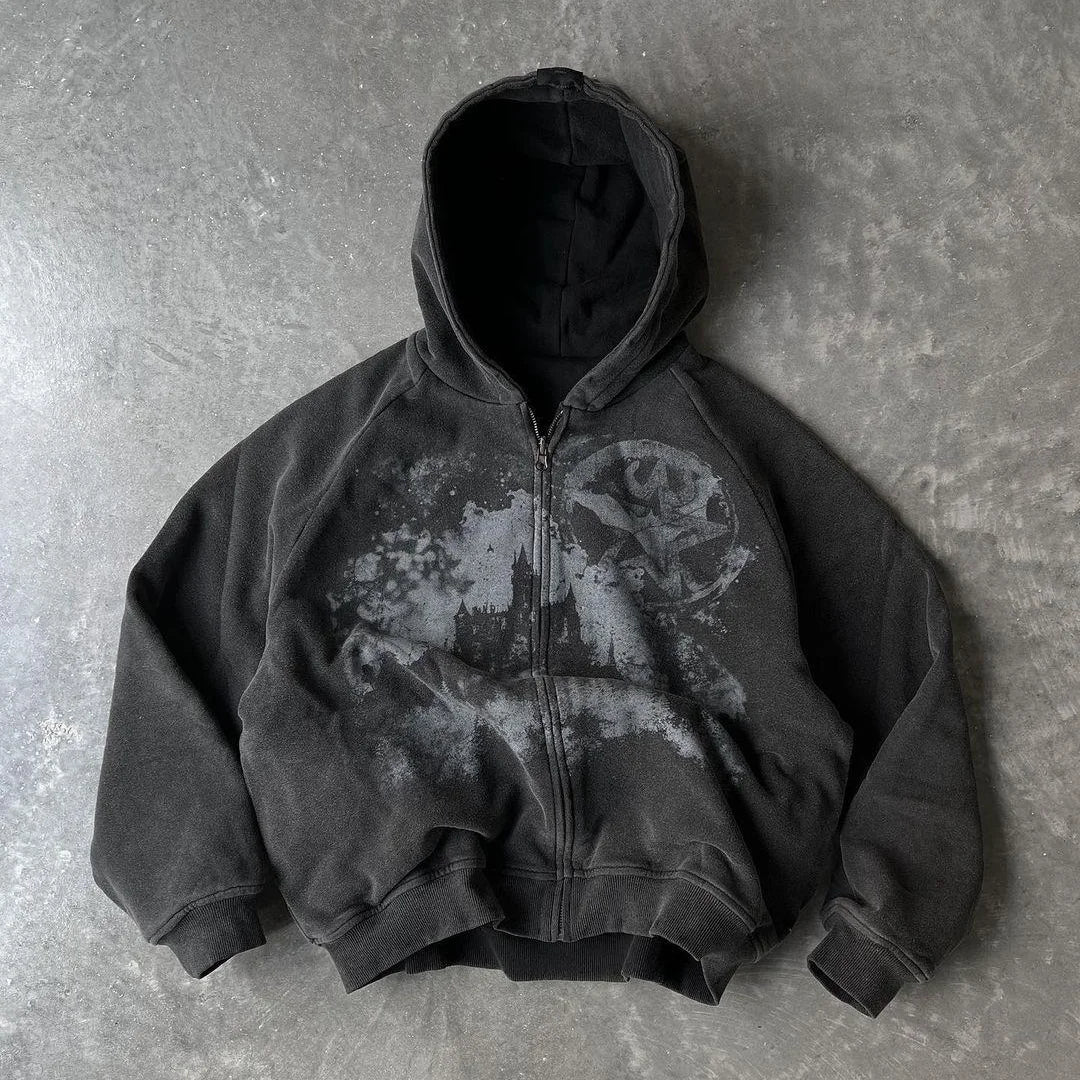Unisex Gothic Punk Hooded Cardigan – British Harajuku Star Patch Embroidery Oversized Bat Sleeve Jacket