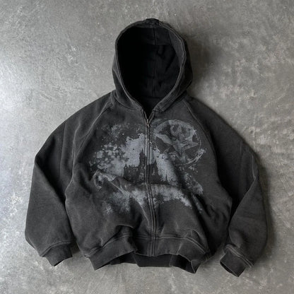 Unisex Gothic Punk Hooded Cardigan – British Harajuku Star Patch Embroidery Oversized Bat Sleeve Jacket