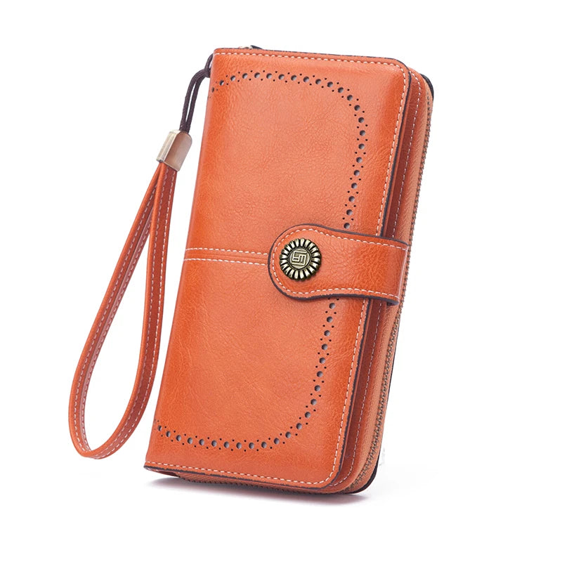 Vintage Large Capacity Women's Purse – Monochromatic Multi-Card Long Wallet with Zipper & Wrist Strap