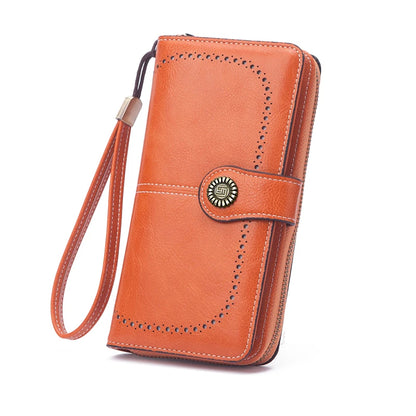 Vintage Large Capacity Women's Purse – Monochromatic Multi-Card Long Wallet with Zipper & Wrist Strap