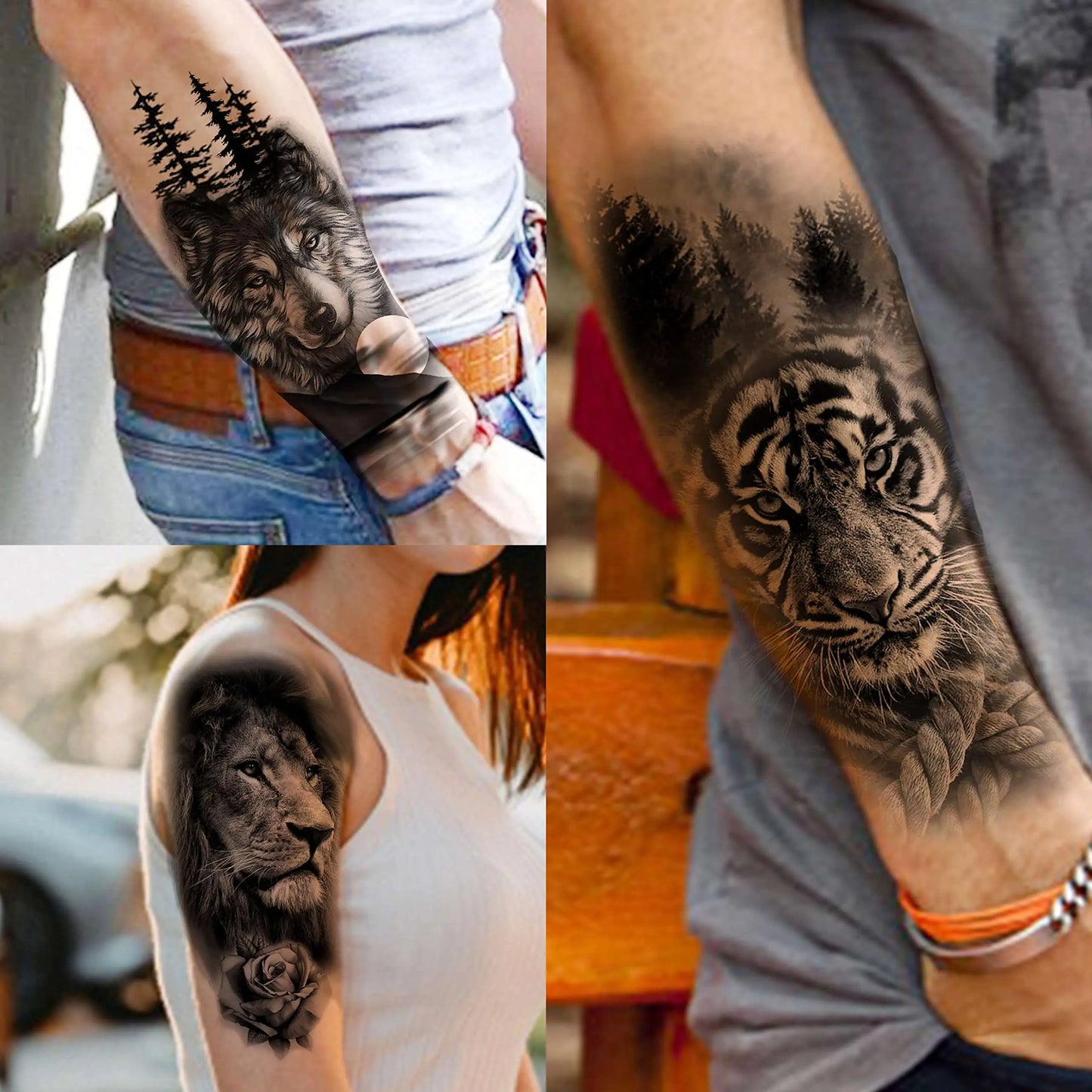 Waterproof Temporary Tattoo Sticker: Forest Lion, Tiger, Bear Flash Tattoos - Women's Leopard, Wolf, Crown Body Art, Men's Arm Fake Tatoo
