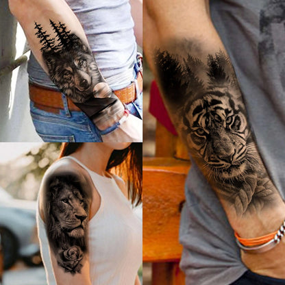 Waterproof Temporary Tattoo Sticker: Forest Lion, Tiger, Bear Flash Tattoos - Women's Leopard, Wolf, Crown Body Art, Men's Arm Fake Tatoo