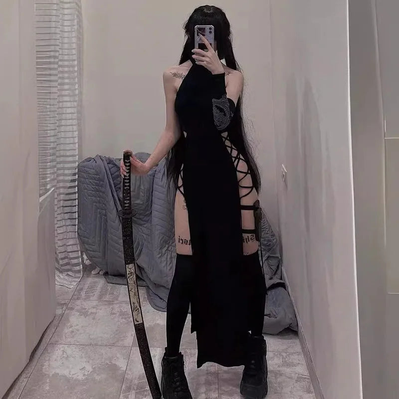Gothic Dark Cosplay Dress – High Split Y2K Bandage Halter Slim Midi Black Grunge Partywear