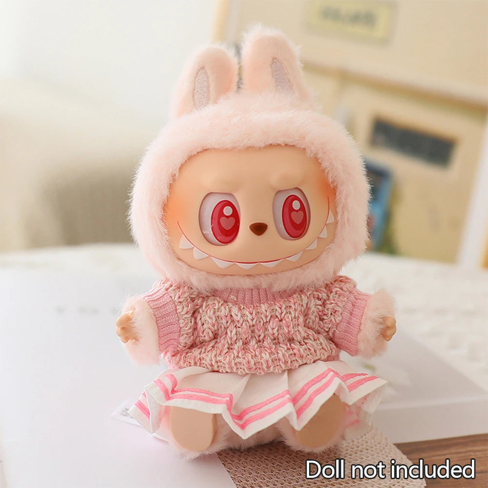 Mini Doll Clothes & Accessories — 15–17cm Labubu & 10cm Cotton Doll Outfit, Pink Hoodie & Yarn Skirt (No Doll)