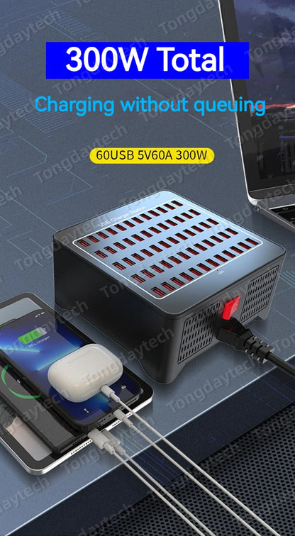 300W Universal Multi USB Charger Station – 60-Port Fast Charging for iPad, iPhone 11/12/13 Pro Max, Samsung Tablet