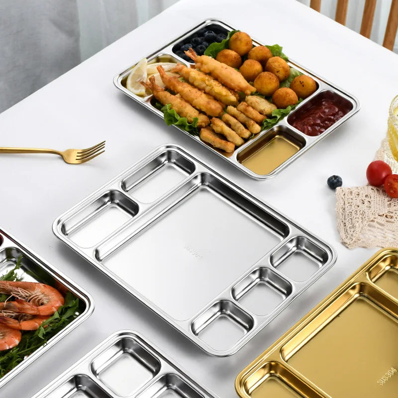 Gold Stainless Steel Divided Dining Plate – Compartment Food Serving Tray Kitchen Tableware