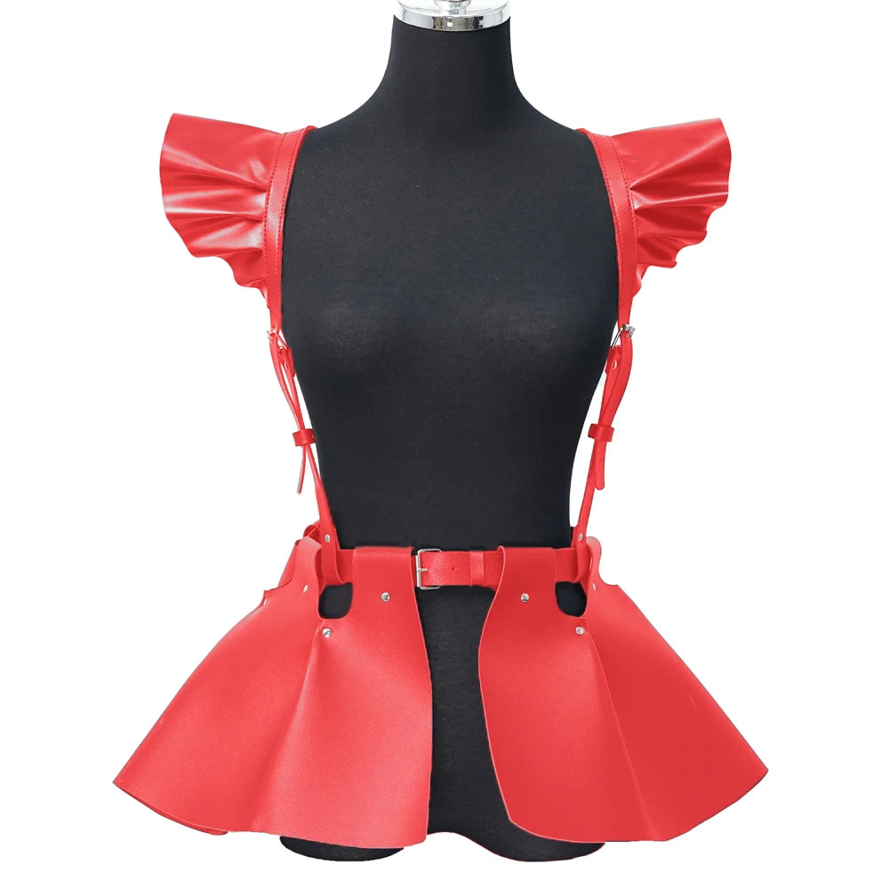 Women’s Gothic Leather Body Harness Belt – Skirt Accessory with Ruffle Hem, Waist & Shoulder Fashion Belt