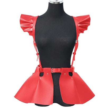 Women’s Gothic Leather Body Harness Belt – Skirt Accessory with Ruffle Hem, Waist & Shoulder Fashion Belt