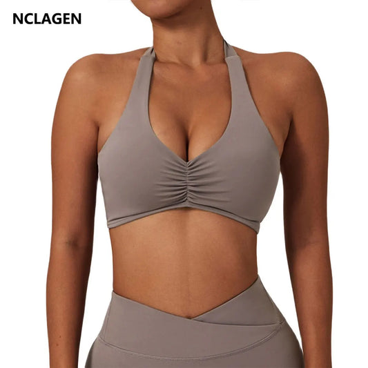 NCLAGEN Women's High Support Halter Sports Bra: Ruched Fitness Gym Yoga Top - Push-up Padded Activewear for Workout