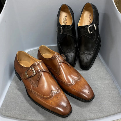 Men’s Luxury Genuine Leather Wingtip Oxfords - Italian Monk Strap Buckle Brogue Shoes for Business & Wedding Formal Wear