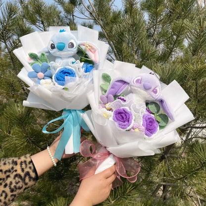 Cartoon Stitch Plush Doll with Flowers – Handmade Stuffed Animal Bouquet for Valentine’s, Christmas & Graduation Gifts