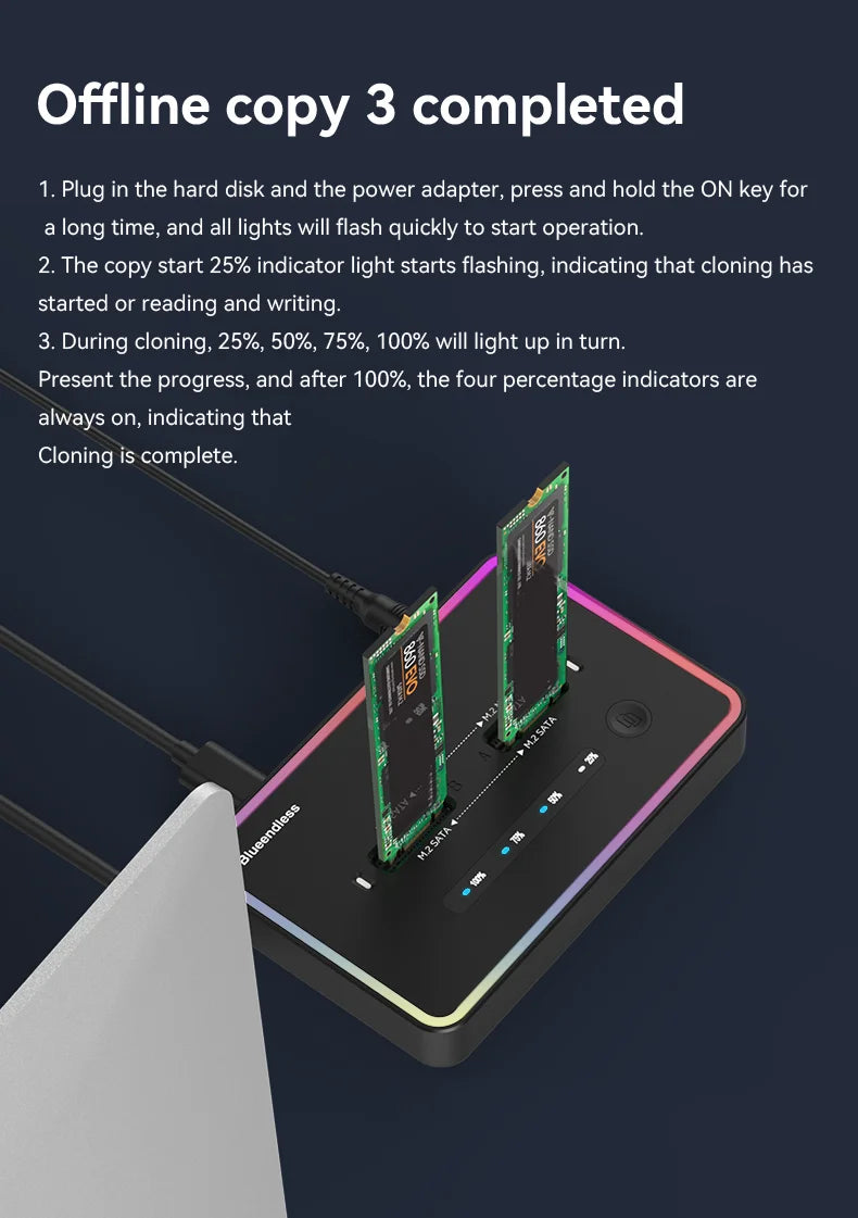 Blueendless M.2 SSD Dual Protocol Docking Station – 2-Bay PCIe NVMe Enclosure with Type-C, 10Gbps, RGB Light