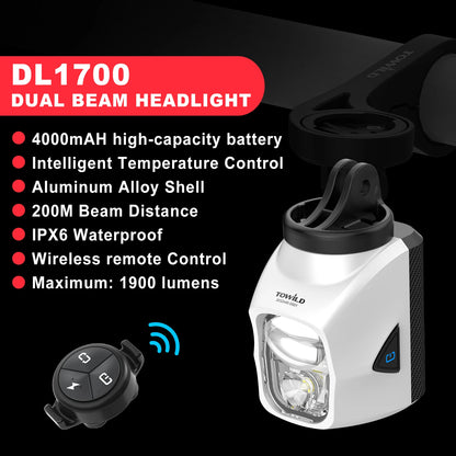TOWILD DL1200S/DL1700 Bike Light - Rechargeable MTB Front Headlight with Cut-Off Beam, 1900LM Output & Power Bank Function
