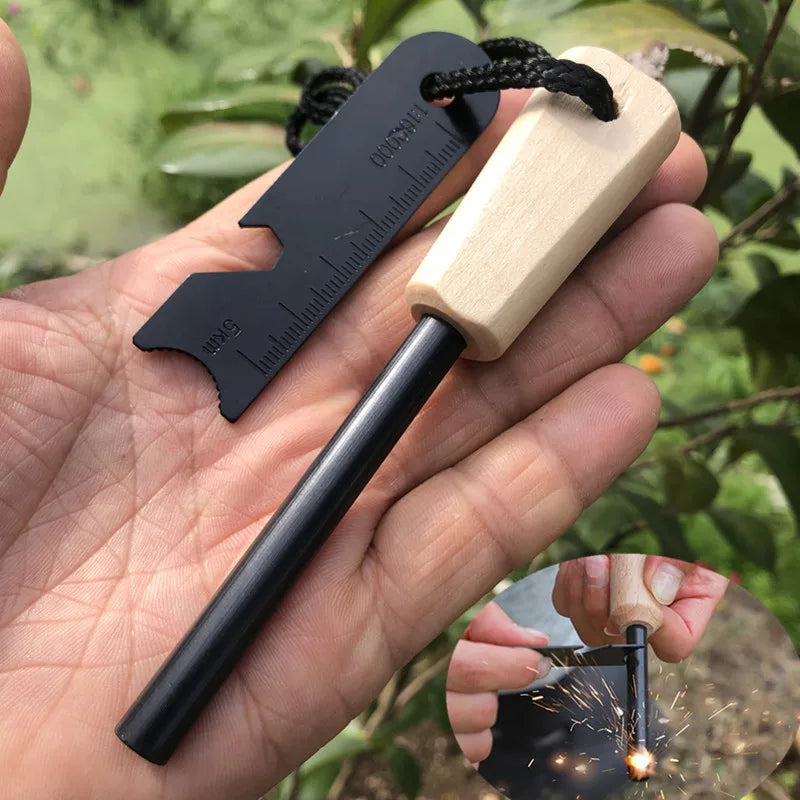 Wilderness Survival Flint Kit – Portable Magnesium Fire Starter with Wooden Handle for Camping & Outdoor