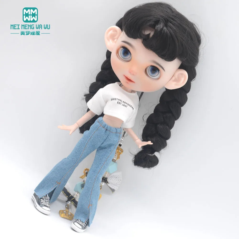 Blythe Doll Clothes – Fashion Tops, Black & White Shirts with Jeans & Plaid Pants for Azone OB22/OB24 Dolls