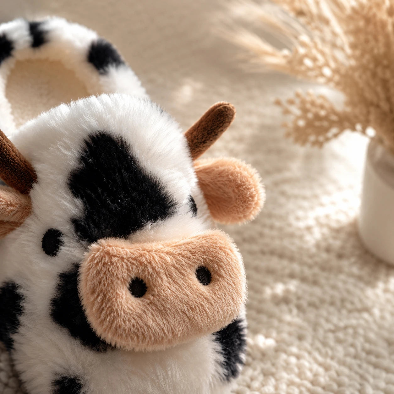 3D Cow Plush Slippers - Cute Fluffy Warm Non-Slip Indoor Home Shoes for Women