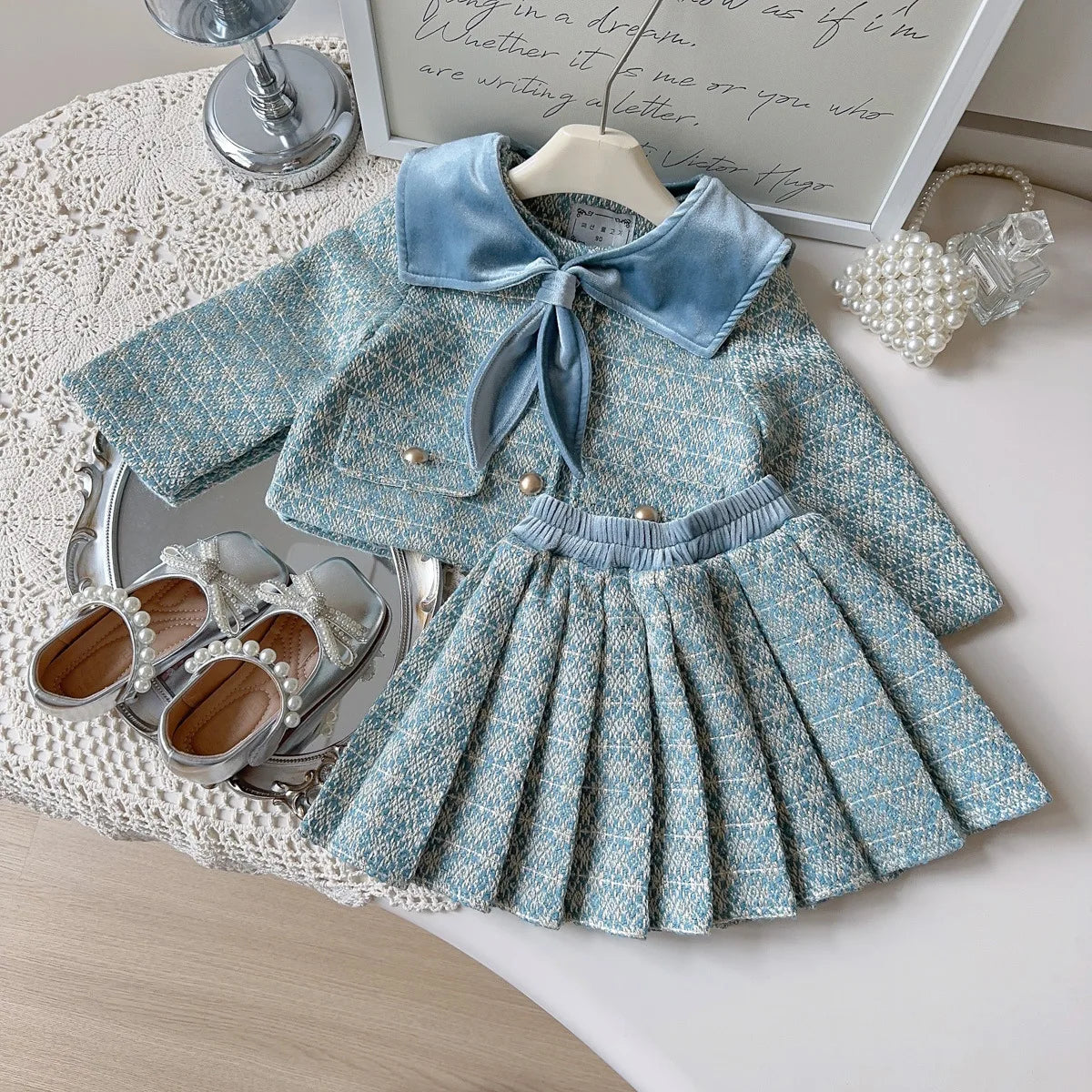 Girls' French Style Spring & Autumn Set 2025 – Baby Girl Two-Piece Outfit with Little Coat & Folding Skirt