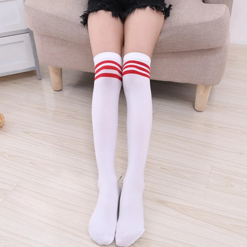 Sexy Striped Thigh High Socks for Women – Long Nylon Over Knee Stockings & Leg Warmers
