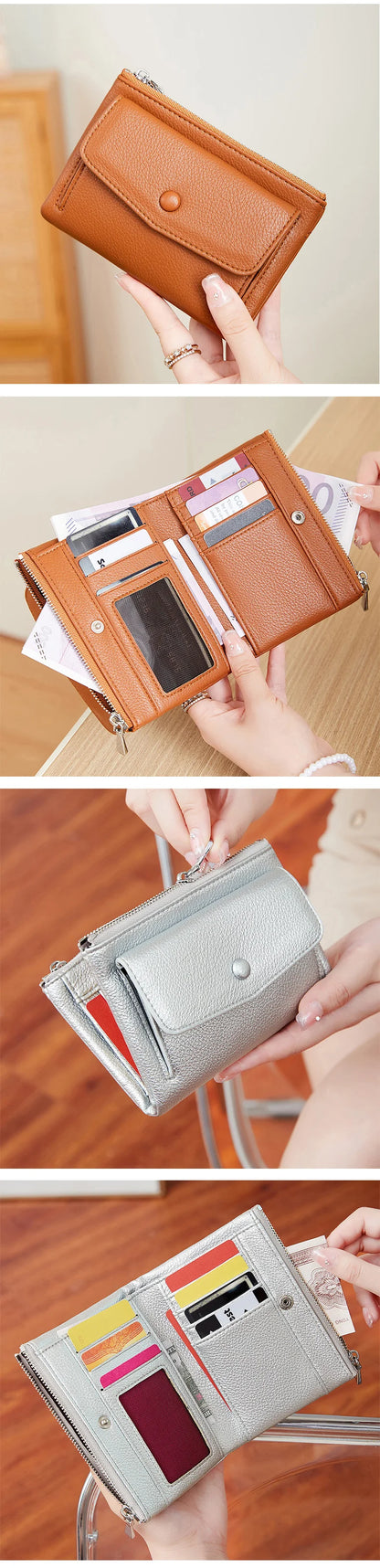 Women’s PU Leather Short Double Zipper Wallet – Simple Solid Color, Large Capacity Credit Card Holder with Coin Pocket