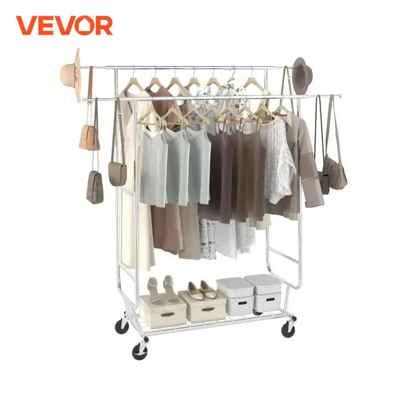 VEVOR Heavy Duty Garment Rack – Adjustable Length Clothes Rack with Bottom Shelf & Wheels for Laundry Room