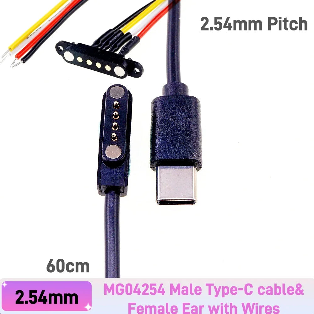 Magnetic Pogo Pin Connector - 2–5 Pin Spring-Loaded Male/Female Power Socket, 2.54/2.8mm Spacing, USB Cable Compatible
