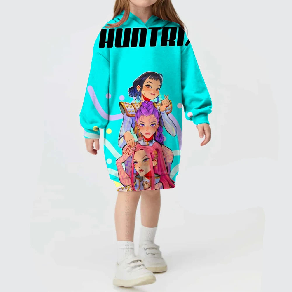 KPop Demon Hunters Hoodie Dress — Rumi Cute Cartoon Sweatshirt Pullover for Girls, Long Sleeve Autumn Y2K Sportswear