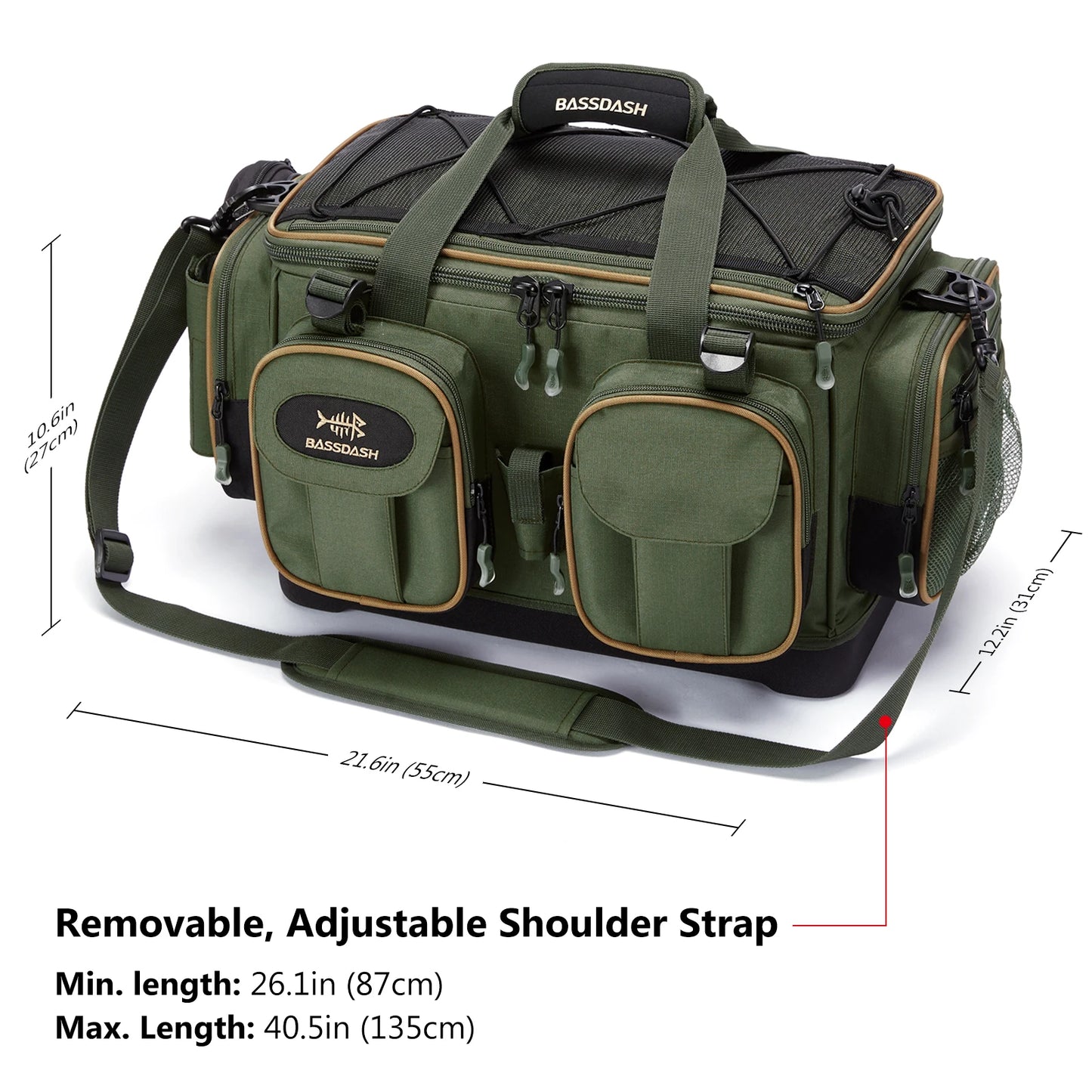 BASSDASH Fishing Tackle Shoulder Bag – Water-Resistant, Lightweight Gear Storage Pack with Hard Molded Bottom and Rain Cover