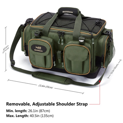 BASSDASH Fishing Tackle Shoulder Bag – Water-Resistant, Lightweight Gear Storage Pack with Hard Molded Bottom and Rain Cover