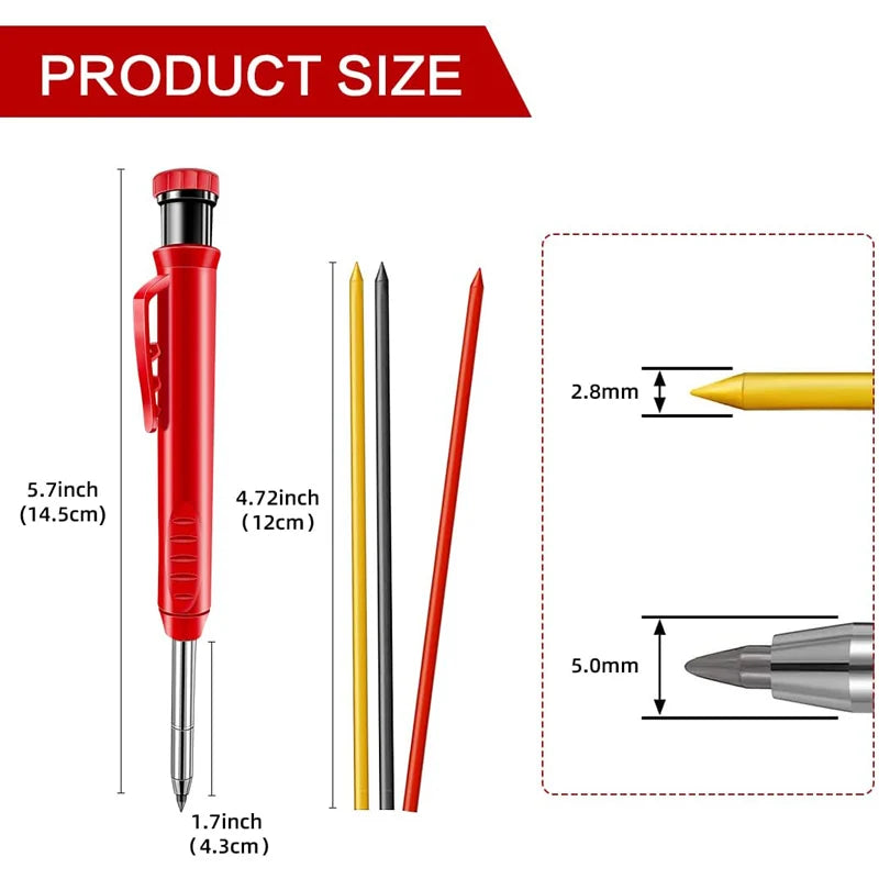 Complete Carpenter Pencil Set - Includes 6 Refill Leads and Built-in Sharpener - Ideal Marking Tool for Woodworking and Deep Hole Precision - Mechanical Pencils