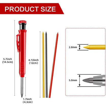 Complete Carpenter Pencil Set - Includes 6 Refill Leads and Built-in Sharpener - Ideal Marking Tool for Woodworking and Deep Hole Precision - Mechanical Pencils