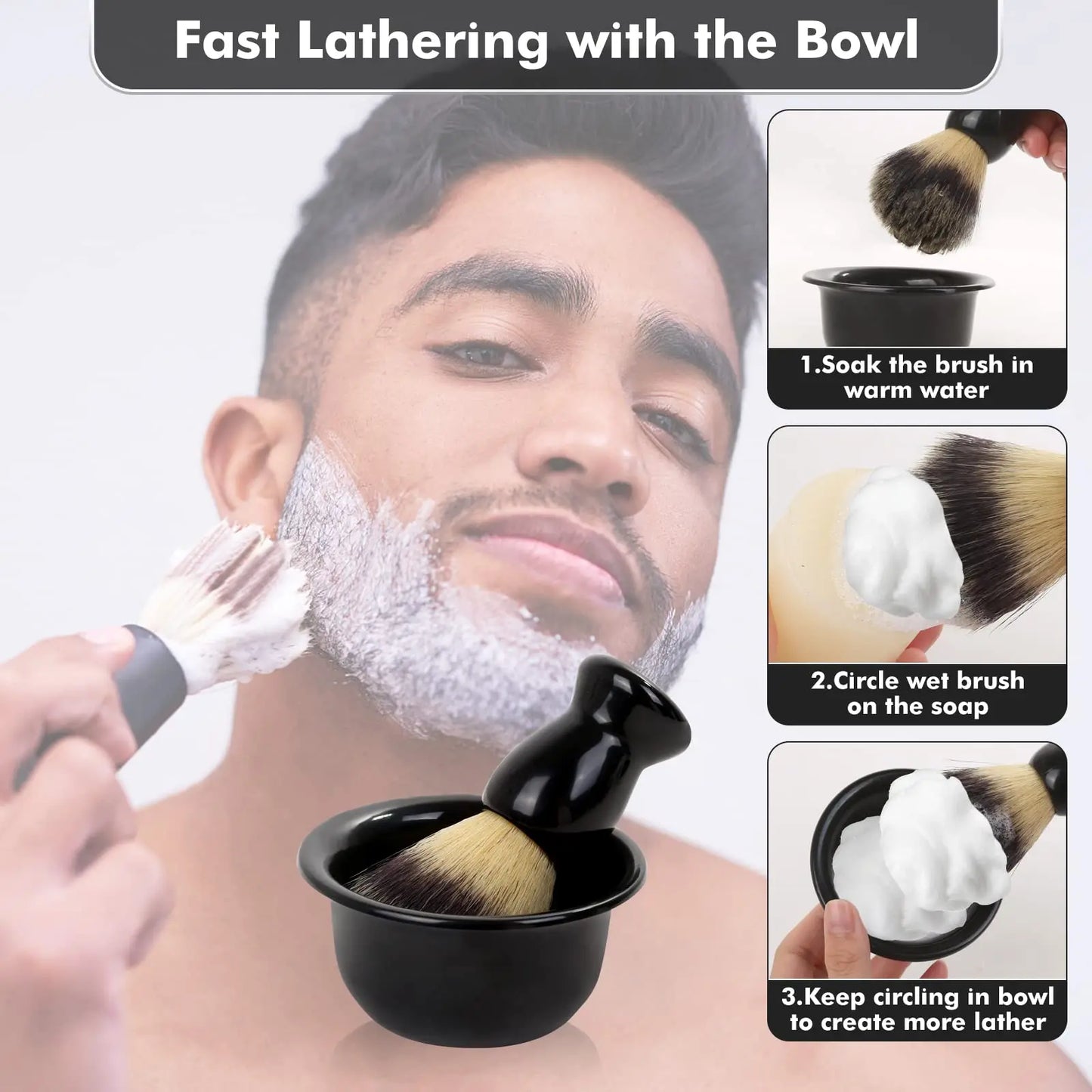 3-in-1 Men’s Shaving Brush Bowl Set – Stainless Steel Durable Shaving Mug with Brush and Soap Dish