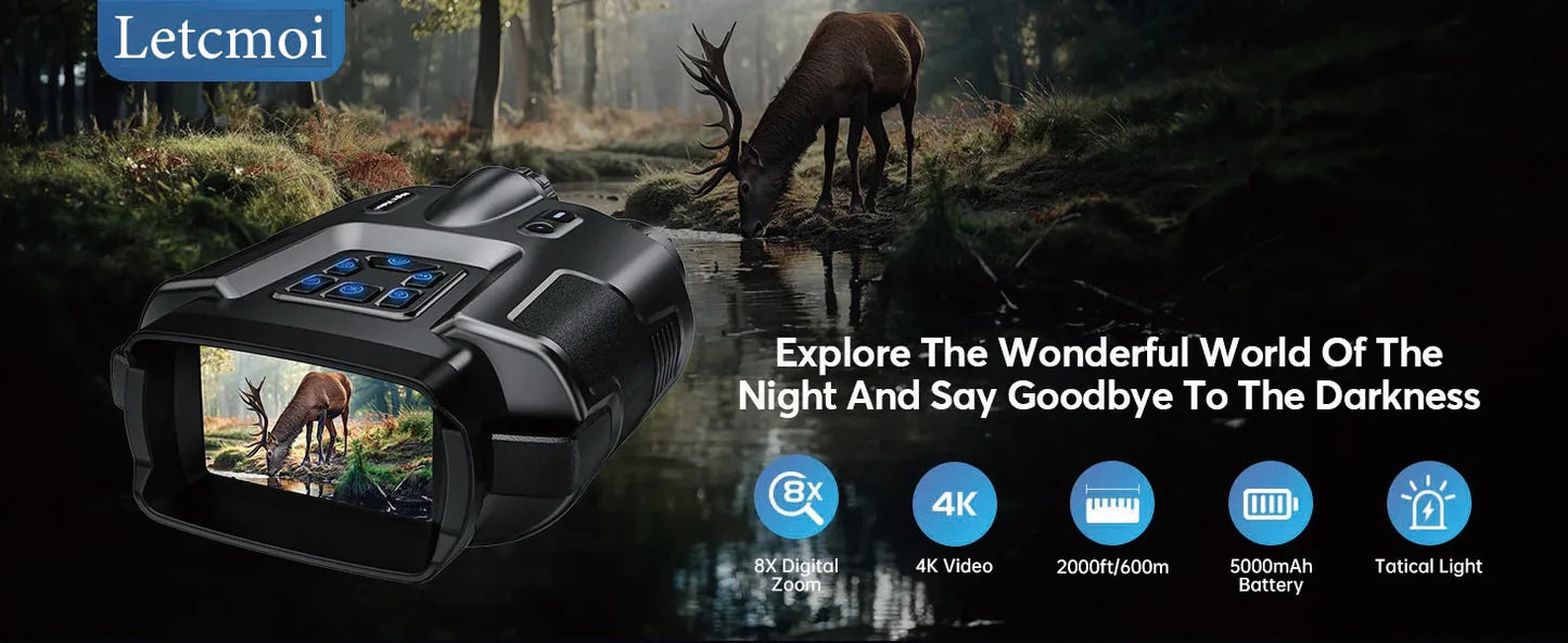 4K Night Vision Binoculars with 3" Screen – 8X Digital Zoom, Infrared Goggles, Tactical Light, 5000mAh Rechargeable