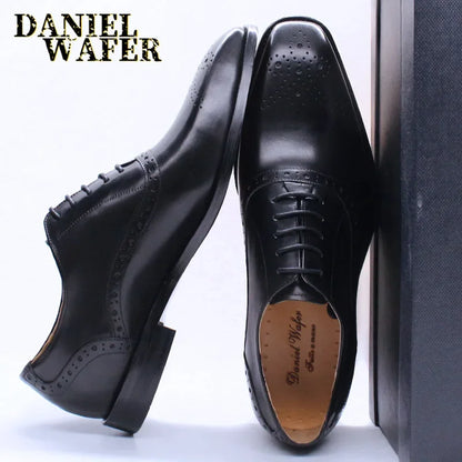 Men’s Genuine Leather Oxford Shoes - Brown and Black Snake Print Lace-Up Business Wedding Dress Shoes