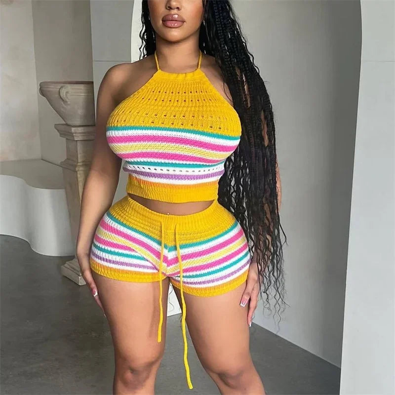 Women’s Rainbow Striped Knit 2-Piece Set – Halter Lace-Up Backless Top & Slim Fit Shorts Casual Outfit