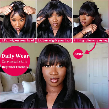 3-in-1 Middle Part Bob Lace Wig — Straight Short Human Hair with Bangs, Machine Made for Women